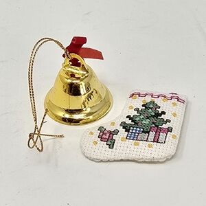 Vintage brass bell and fabric stocking ornament Japan holiday décor